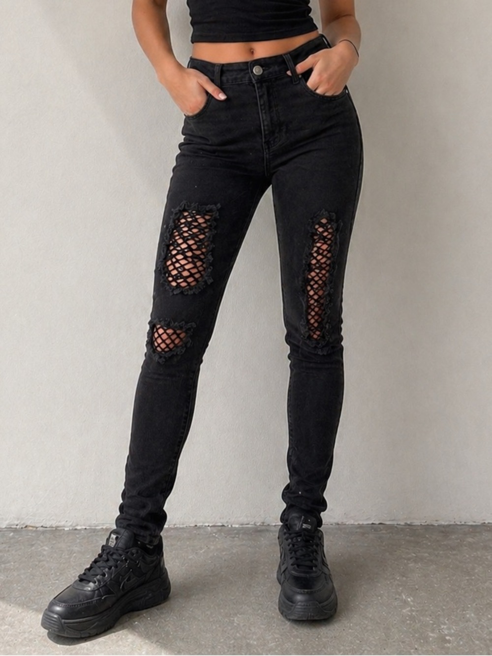 High-Rise Black Distressed Fishnet Knee Jeans - Women